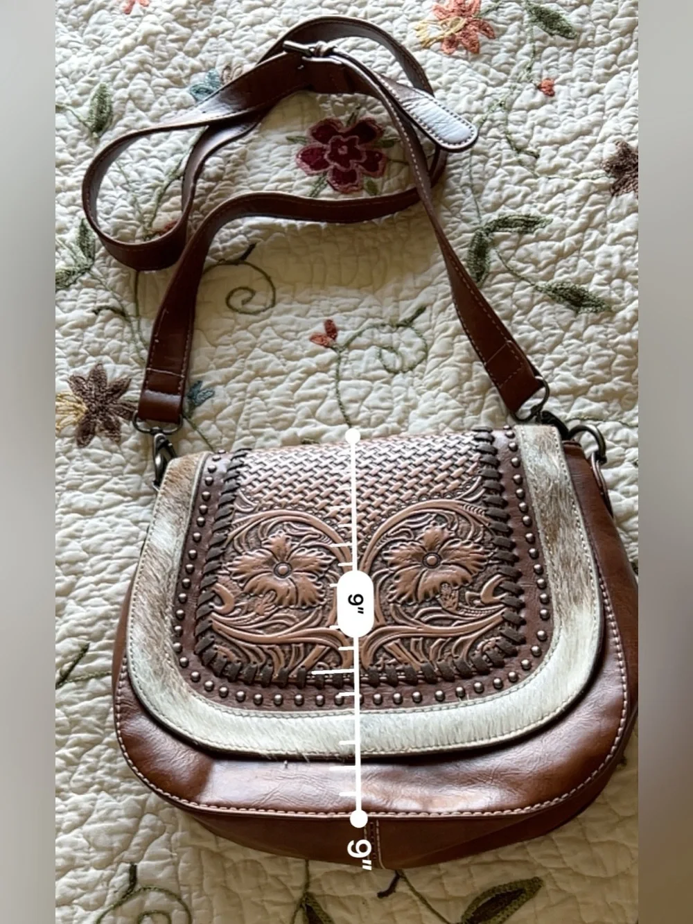 Trinity Ranch Brown Cowhide Lining Leather Studded Crossbody Bag Western - Picture 13 of 15